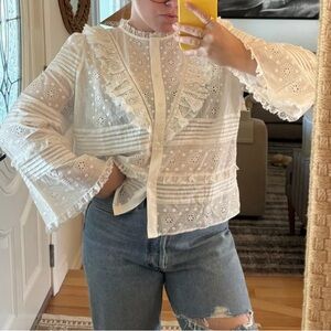 🌼🌿Sezane NELE white Eyelet Lace Top with bell sleeves